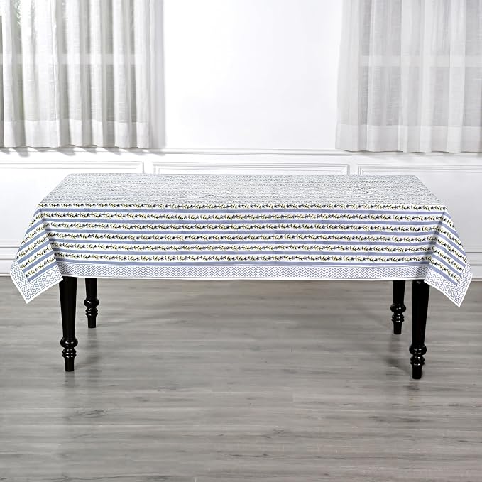 Ridhi Blue Meadow Vine Block Print Cotton Rectangle Tablecloth 60" x 60" Reusable Decorative Everyday Use for Dining Room, Farmhouse, Home Gift for Spring, Mother's Day