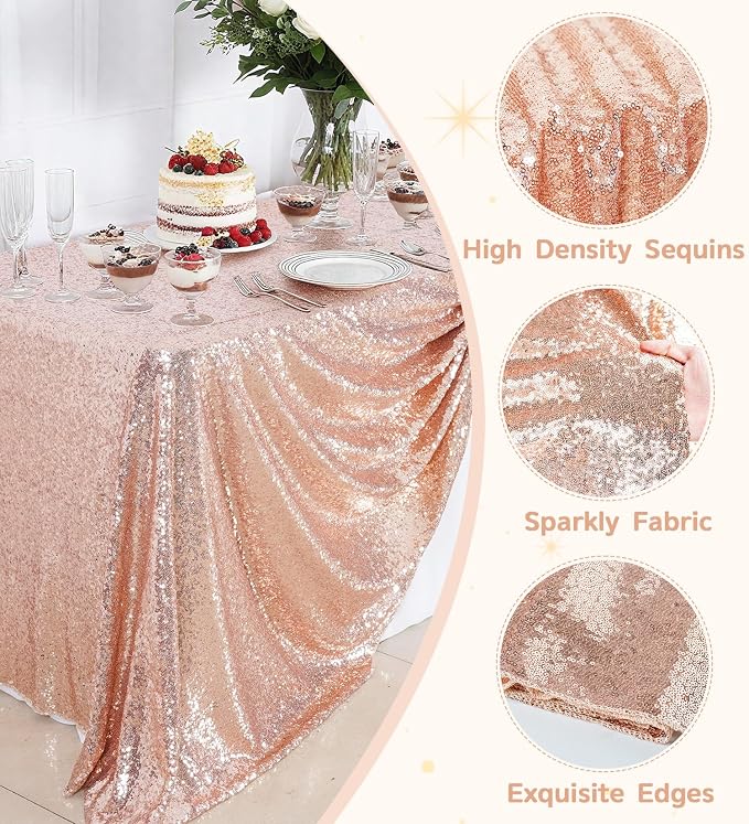 Juya Delight 60" x 102" Sequin Tablecloth Rose Gold Rectangle Sparkly Table Cover for Birthday Party Banquet Wedding 6ft Tables