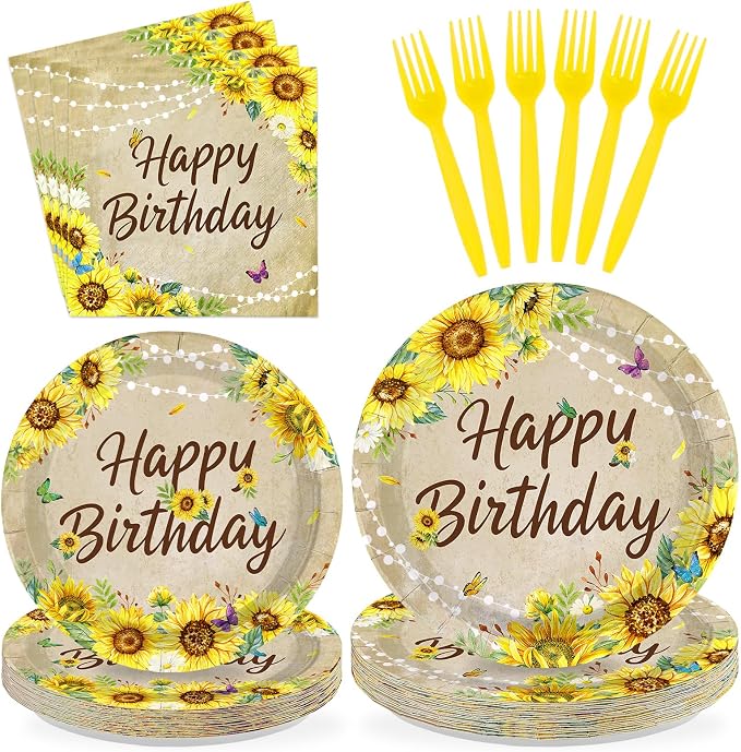 96 Pcs Sunflower Birthday Party Decorations Vintage Sunflower Plates and Napkins Disposable Yellow Sunflowers Tableware Set for Women Girls Spring Fall Birthday Wedding Party Supplies Serves 24