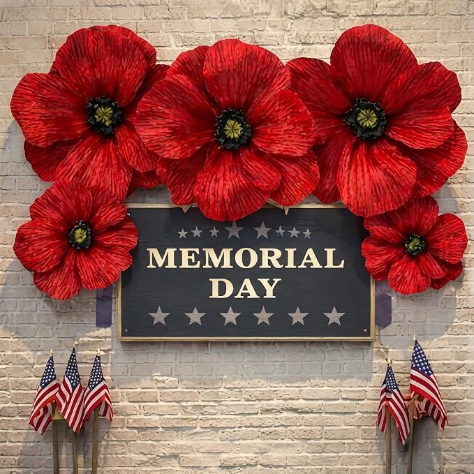 Norme 6 Pcs Giant Artificial Poppy Flowers 12, 16, 20 Inch Large Poppy July of 4th 250th Anniversary Patriotic Petals Giant Red Flowers for Independence Day Memorial Day Arch Decoration, Home Decor