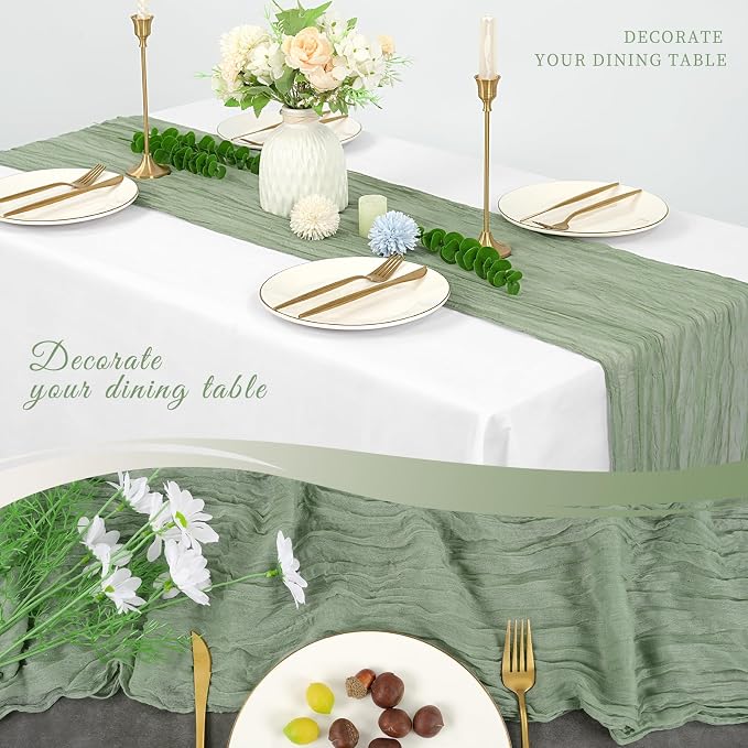 10 Pack Cheesecloth Table Runner 17 x 108 inch Long Boho Gauze Table Runners Semi Sheer Table Runner for Wedding Decor, Baby Shower, Birthday Party, Banquet (Sage Green)