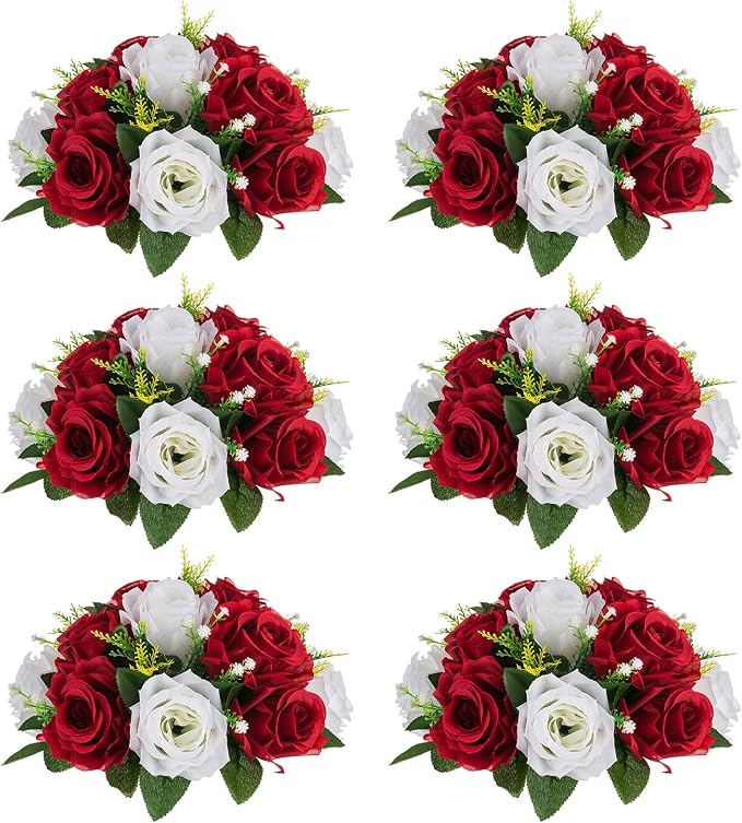 NUPTIO Artificial Flower Centrepieces for Tables - 6 Pcs Crimson & White Fake Flowers Roses Balls 9.5in Diameter - Silk Faux Rose Arrangement for Wedding Party Centerpiece Table Decorations | Crimson & White, Silk Floral Balls Arrangement, for Birthday...