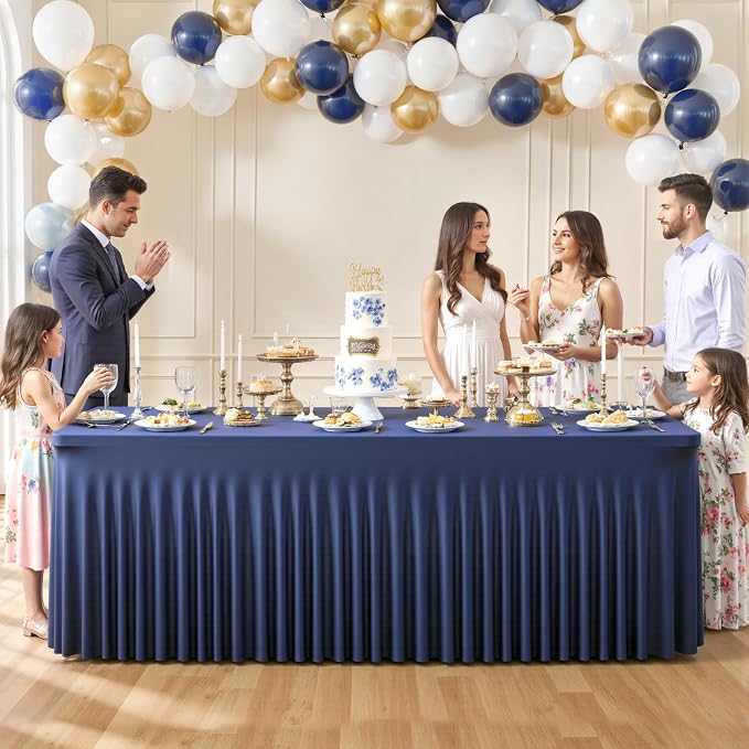4 Pack Navy Blue Table Cloth for 8 Foot Rectangle Tables Spandex Fitted Tablecloth 8ft Stretch Table Covers Skirt Navy Blue Banquet Tablecloths Wrinkle Free Tablecloth for Party Wedding Birthday Event