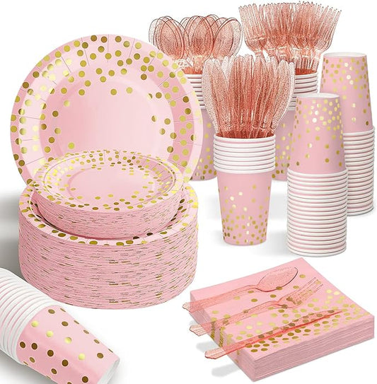 AIRE 175PCS Pink Rose Gold Plates Party Supplies Severs 25 Guests Disposable Party Decorations, Plastic Forks Knives Spoons, Golden Dot Paper Plates Napkins Cups for Mothers Day Birthday Wedding