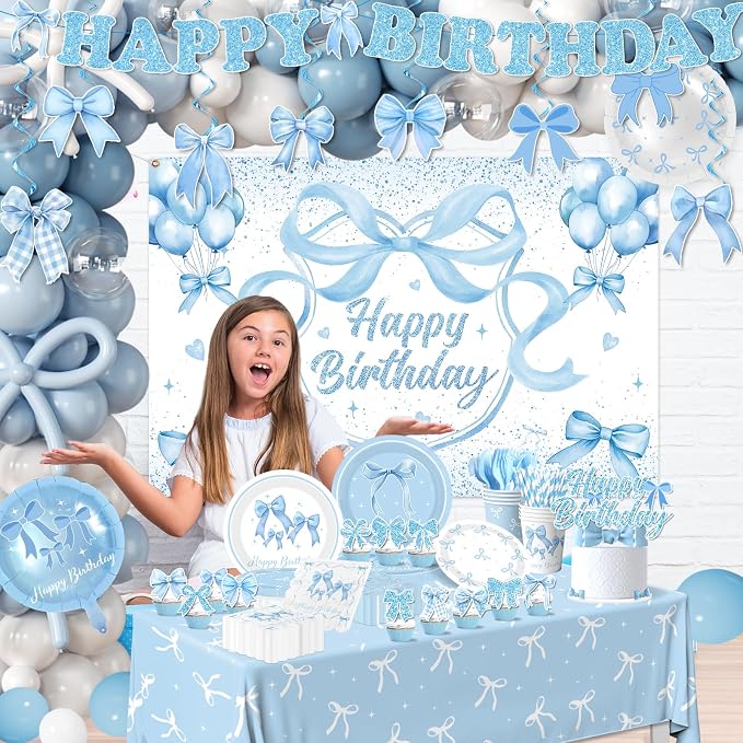 Blue Bow Party Supplies Serve 24,Coquette Birthday Decorations Include Bow Themed Tableware Tablecloth Backdrop Blue and White Balloon Arch Kit for Girls Birthday Decor