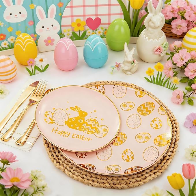 GATHER 175Pcs Easter Plastic Plates - Pink Plastic Dinnerware Set with Gold Bunny Includes 25 Dinner Plate and 25 Dessert Plate, 75 Silverware, 25 Cups, 25 Napkins for Easter Party