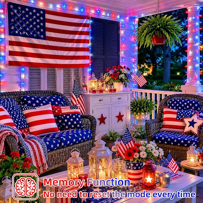 YEGUO Red White and Blue Lights Battery Operated, 2 Pack Each 33ft 100 LED 4th of July Lights Outdoor Waterproof, 8 Modes Clear Wire Fairy Light Indoor with Remote for Memorial Day Patriotic Decor