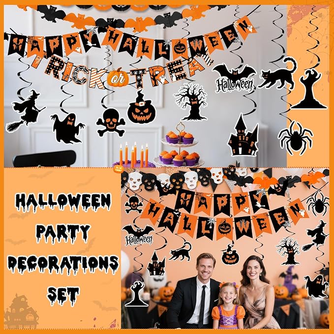Halloween Party Decorations Happy Halloween Banner Kit Including Trick or Treat Sign Ghost Witches Hanging Swirl, Pumpkins Bats and Skull Head for Indoor Outdoor Decorations