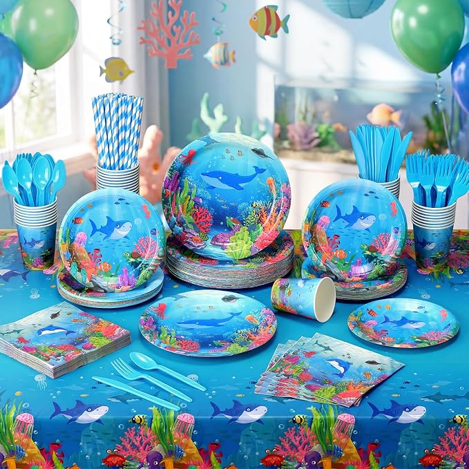 LemonRoad 452 Pcs Under the Sea Birthday Decorations for Ocean 50 Paper Plates Napkins Cups Tablecloth Cutlery Straws Disposable Tableware for Sea Animal Underwater Baby Shower Birthday Party Supplies