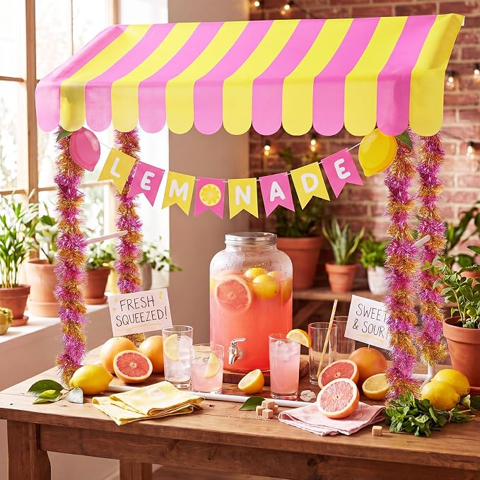 7 Pcs Lemonade Stand Supplies Lemonade Bar Party Decoration with 1 Set Plastic Stand 1 Yellow and Pink Striped Sunshade Cloth 4 Yellow and Pink Tinsel 1 Banner for Outdoors Summer Party Supplies