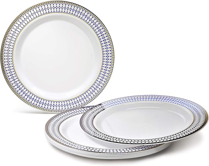 OCCASIONS 50 Disposable Plastic Plates for 25 Guests, Heavy Duty 10.5" Dinner & 7.5" Salad/Dessert, Fancy Wedding Party Dinnerware Set, China-Like Look, BPA Free Recyclable (Odyssey White/Blue & Gold)