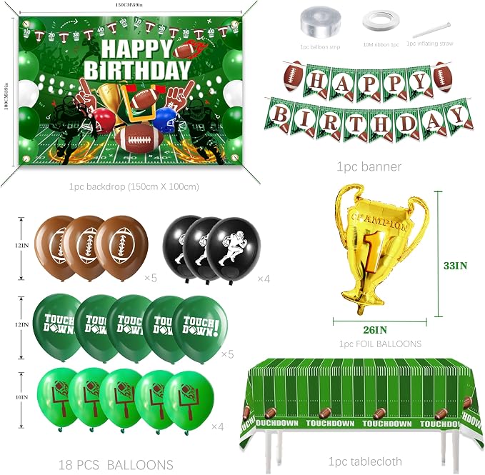 Football Birthday Decorations For Men,Happy Birthday Backdrop,Banner Balloons,Table Cloth,Paper pom poms Party Supplies for Boys