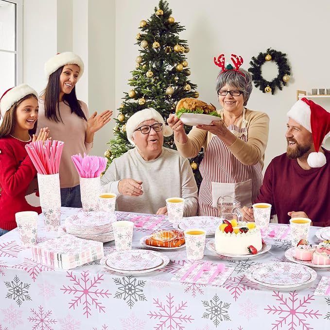 Funnymoom 452 Pcs Pink Snowflake Party Supplies Serves 50, Pink Snowflake Paper Plates Napkins Cups Tablecloth Cutlery Straws for Christmas Winter, Baby Shower Wonderland Birthday Party Decorations