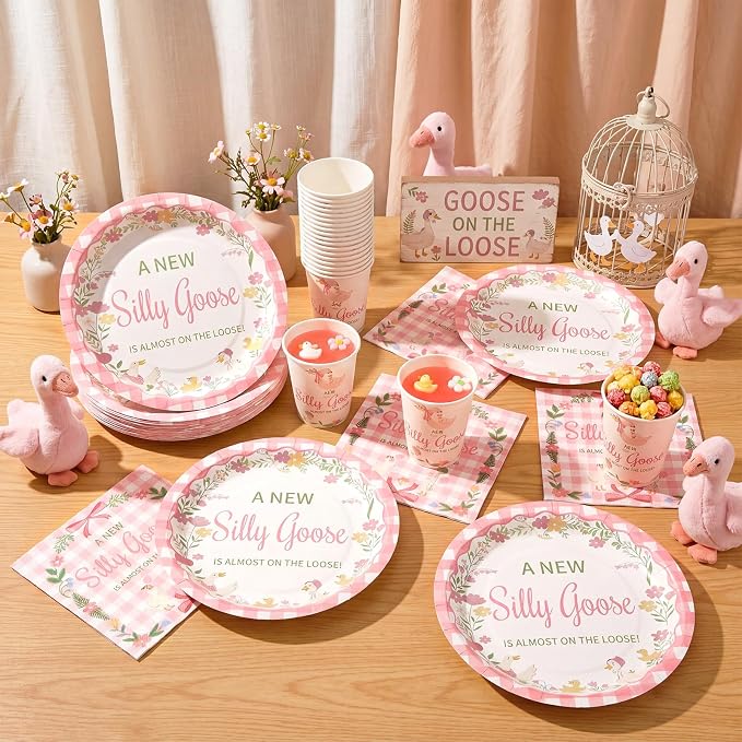 Hushee 200 Pcs a New Silly Goose Baby Shower Paper Plates Cups Napkins Funny Goose Birthday Party Favors Set Serves 50 Guests Disposable Pink Tableware Set for Gender Reveal Party Supplies