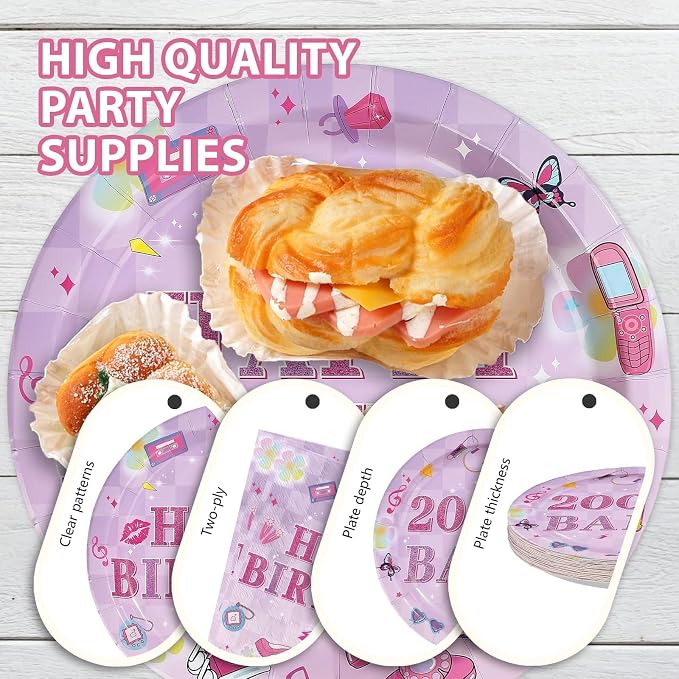 96Pcs 2000s Birthday Party Decorations Y2k Hot Pink Bday Plates and Napkins Disposable Early 2000s Theme Tableware Set for 00s Girls Teen Y2k Birthday Hot Pink Bachelorette Party Supplies Serves 24