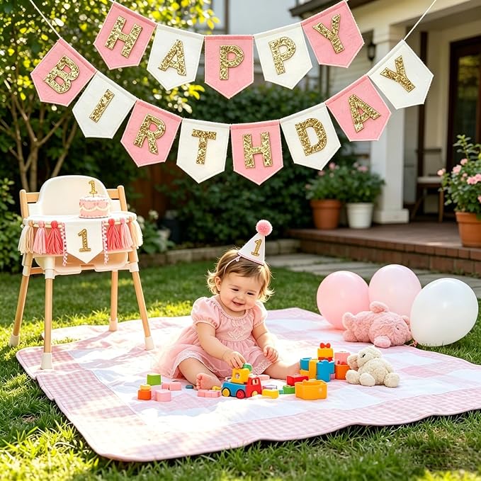 First Birthday Decorations For Girl- Felt Happy Birthday Banner Pink Gold 1st Birthday High Chair Decorations,Birthday Topper Party Hat,Boho Pink Gold 1st Birthday Party Supplies For Girl