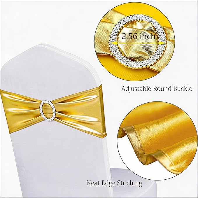 Pack of 100 Wedding Metallic Gold Chair Sashes, Spandex Bronzing Gold Chair Sash Bands with Silver Buckle, Elastic Chairs Bows for Weddings Party Birthday Bridal Shower Christmas Events Decorations
