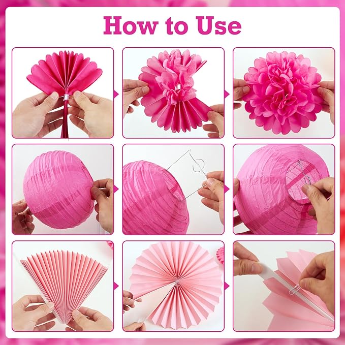 SUNBEAUTY Hot Pink Birthday Party Decorations for Girls Women with Happy Birthday Banner Hot Pink Paper Fans Tissue Pom Poms Lantern Decorations Birthday Decorations Kit
