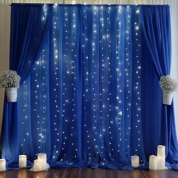 Wish Care 10ft x 10ft Royal Blue Chiffon Backdrop Curtain with Lights String for Parites Wedding Wrinkle Free Curtain Photo Backdrops Drapes for Baby Shower Birthday Party Home Decorations