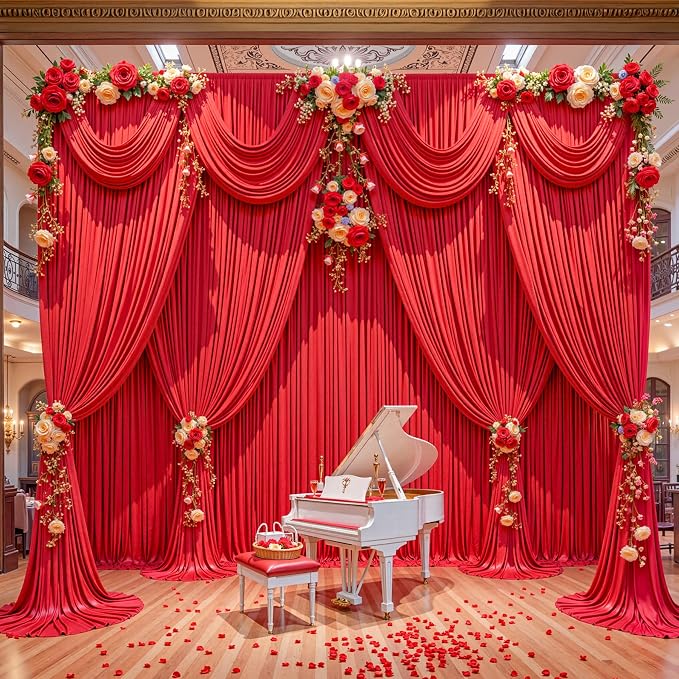 30x12ft Red Backdrop Curtains for Parties Wrinkle Free Fabric Backdrop Curtain Birthday Photo Drapes Backdrop for Wedding Baby Shower Bridal Shower Photography Stage Back Drop 6 Panels 5x12FT