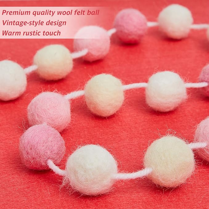 WILLBOND 2 Pieces Wool Felt Rainbow Ball Garland Colorful Pom Pom 6.5 ft Long 24 Ball Garland for Easter Mardi Gras Classroom Halloween Thanksgiving Xmas (Pink,Light Pink,Beige,White)