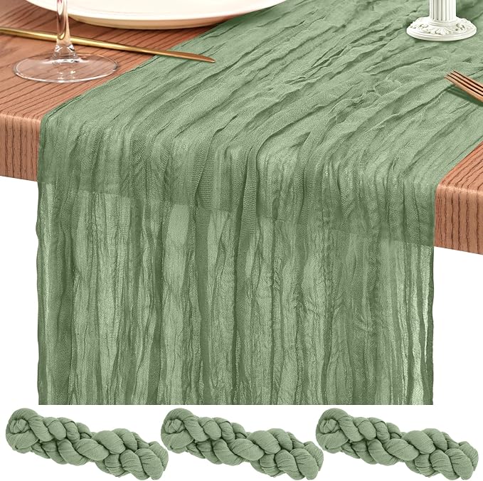 3 Pack Cheesecloth Table Runner 10FT Sage Green Table Runner Boho Gauze Cheese Cloth Table Runners Long Rustic Sheer Table Decorations for Wedding Party Baby Bridal Shower Birthday Holiday Home