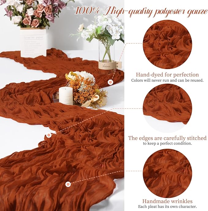 24 Packs Terracotta Table Runner, Charming Cheesecloth Table Runner 17 x 108inch, Gauze Boho Wedding Decoration Rustic Sheer Fabric Cheese Cloth Table Runners for Wedding Party Bridal Shower