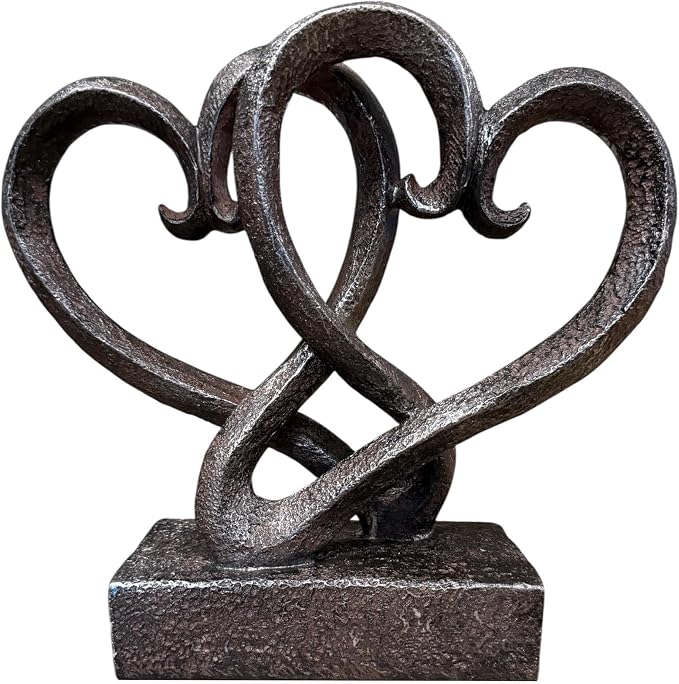 Top Brass Entwined Hearts Tabletop Decor, Two Hearts Love Unity Sculpture – Cast Iron Finish Resin Statue, Romantic Gift for Couples, Wedding & Anniversary, 11 Inches Tall