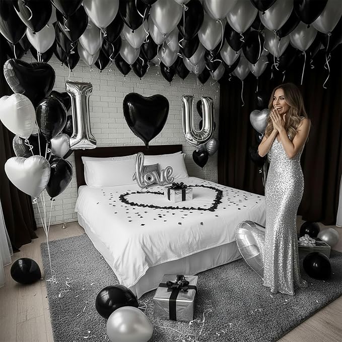 I Love You Balloons for Him/Her Balloons Black and silver romantic balloon kit with heart LOVE mylar balloons Black rose petals for hotel Dec orations Valentines Party wedding anniversary supplies