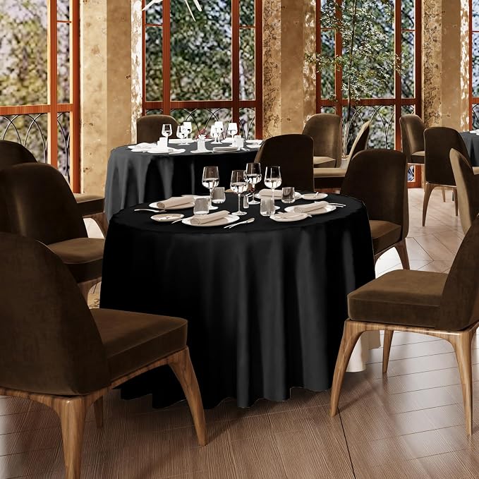 90x90 Table Cloth - 8 Pack Round Black Washable Stain and Wrinkle Resistant Polyester Table Cover for Dining Tables, Various Parties and Camping (Black)
