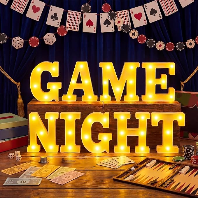 Honoson 9 Pcs Casino Theme Party Decorations Game Night Lights up LED Table Sign Decor for Game Birthday Casino Night Playing Card Family Party Supplies
