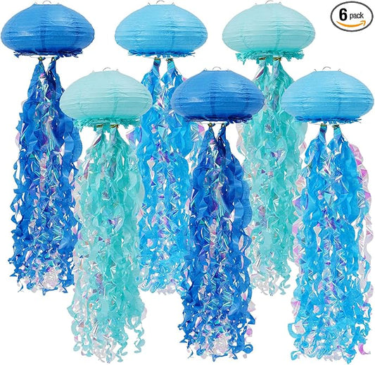Mermaid Birthday Decorations, Jellyfish Paper Lanterns Hanging Jellyfish Decorations for Mermaid Baby Shower Under The Sea Blue Party Decorations Pack of 6 (Blue)