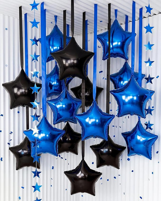 Duraaamo 30 Set Star Foil Balloons Bulk 22 Inch Metallic Star Balloons with Stars Banner and Satin Ribbon for Ceiling Birthday Graduation Ornaments Party Decor(Black, Blue)