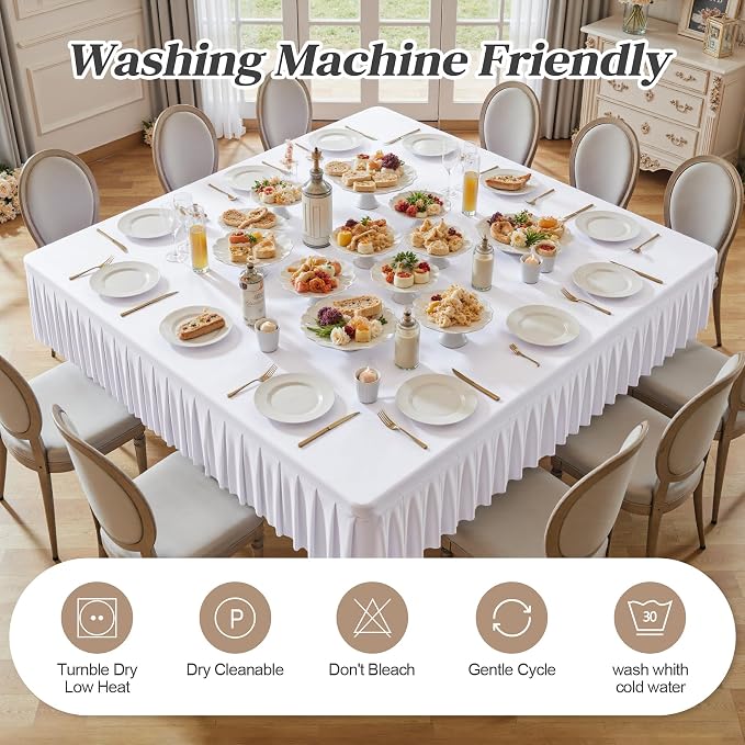 Wish Care White Spandex Tablecloths for 60x60 Inch Square Tables, Stretch Fitted Table Clothes with Pleated Ruffle Skirt for 60” Table, Wrinkle Free and Elastic, for Party Kitchen Home Dining