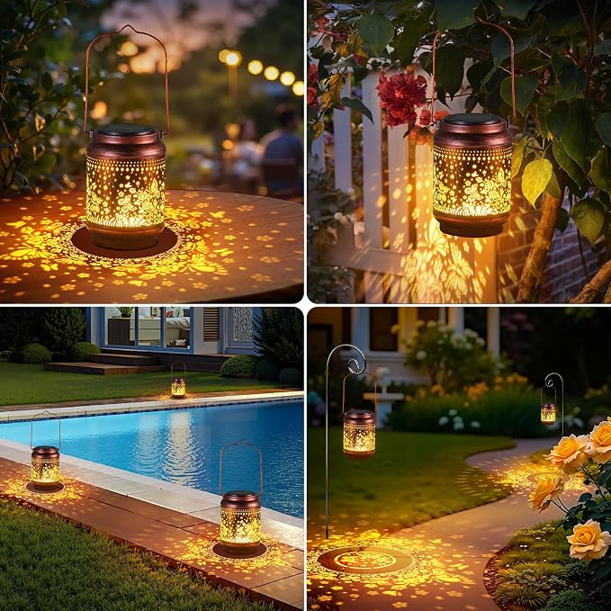 KOOPER Solar Lanterns Outdoor Waterproof Birthday Gifts for Women Mon Grandma, 2 Pack Brighter Hummingbird Hanging Solar Lantern Lights Outdoor, Metal Outdoor Decoration for Yard (Butterfly and Rose)
