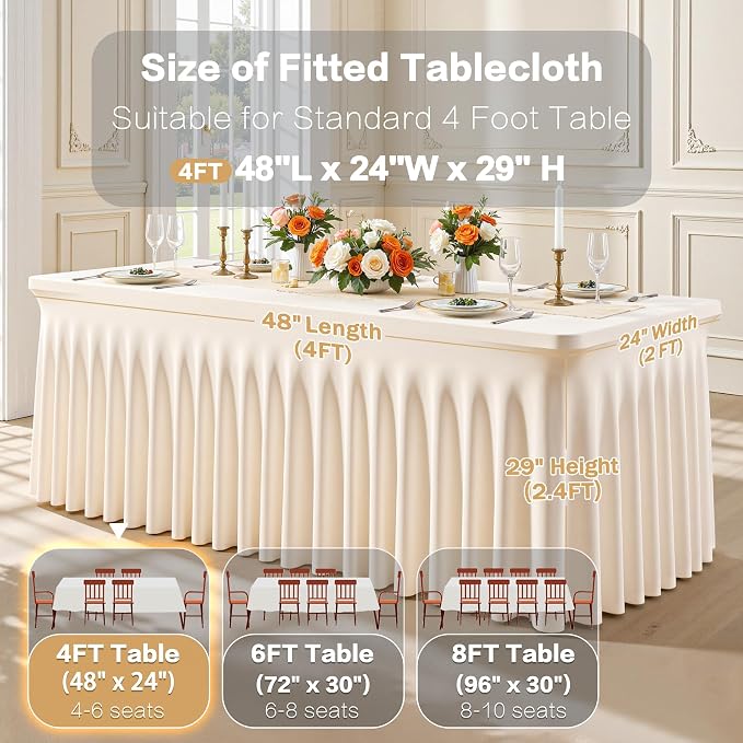 Light Champagne Spandex Table Covers 4 Foot Rectangle Table, Fitted Stretch Table Skirts Wrinkle-Free Floor Length Polyester Rectangle Tablecloths for Weddings Parties Banquets Events,2 Pack