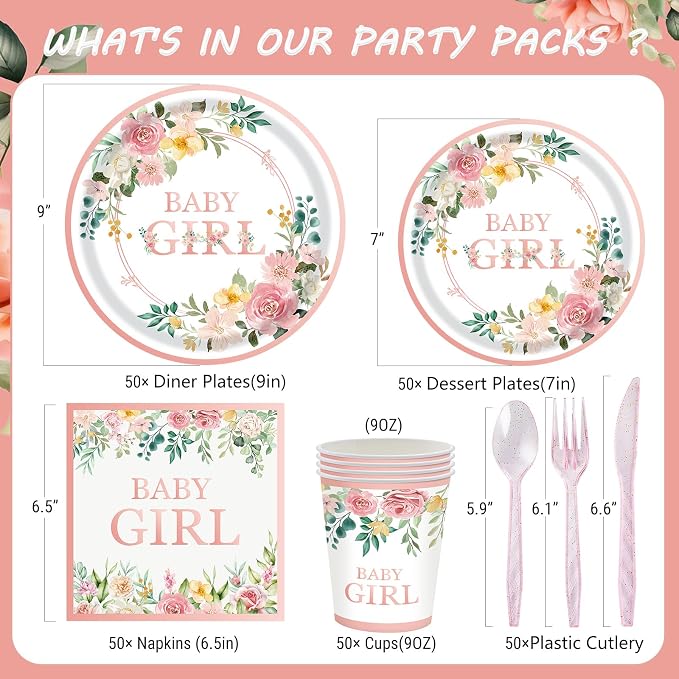 350 Pieces Baby Shower Decorations for Girl Serves 50 Guests, Floral Disposable Dinnerware Set, Pink and Rose Gold Paper Plates Cups Napkins with Plastic Cutlery