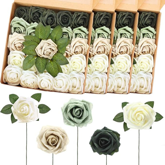 100 Pcs Artificial Foam Rose Flower Faux Bouquet Wedding Fake Rose Gift for Mother's Day Women DIY Bridal Shower Party Table Birthday Home Spring Decor (Shades of Emerald)