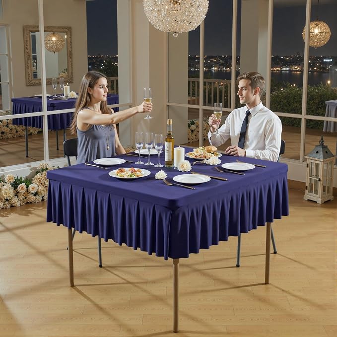 34x34 Inch Navy Blue Spandex Square Tablecloth,Wrinkle Free Navy Blue Fitted Table Cloth for Square Tables,Washable Pleated Table Cover for Wedding Birthday Cocktail Party Buffet Dinner Camping