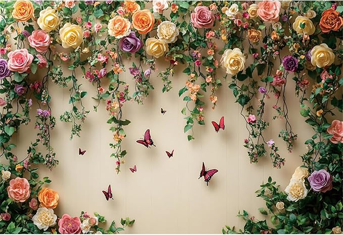 10x7ft Flowers Wall Photography Background Butterfly Spring Floral Botanical Banner Backdrop Vintage Wedding Birthday Backdrop Decorations Girls Party Table Cake Decoration Photo Props