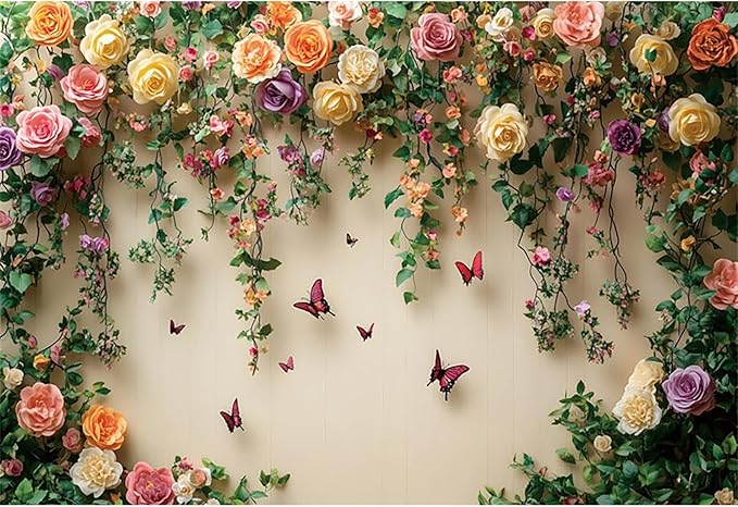 Baocicco 12x8ft Flowers Wall Photography Background Butterfly Spring Floral Botanical Banner Backdrop Vintage Wedding Birthday Backdrop Decorations Girls Party Table Cake Decoration Photo Props
