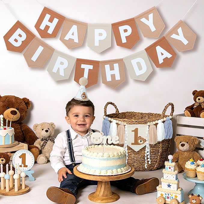 DCJHFJ Bear First Brown Felt Happy Birthday High Chair Banner Pre-strung Birthday Hanging Decoration with Birthday Hat One Cake Topper for 1st Birthday Party Decor