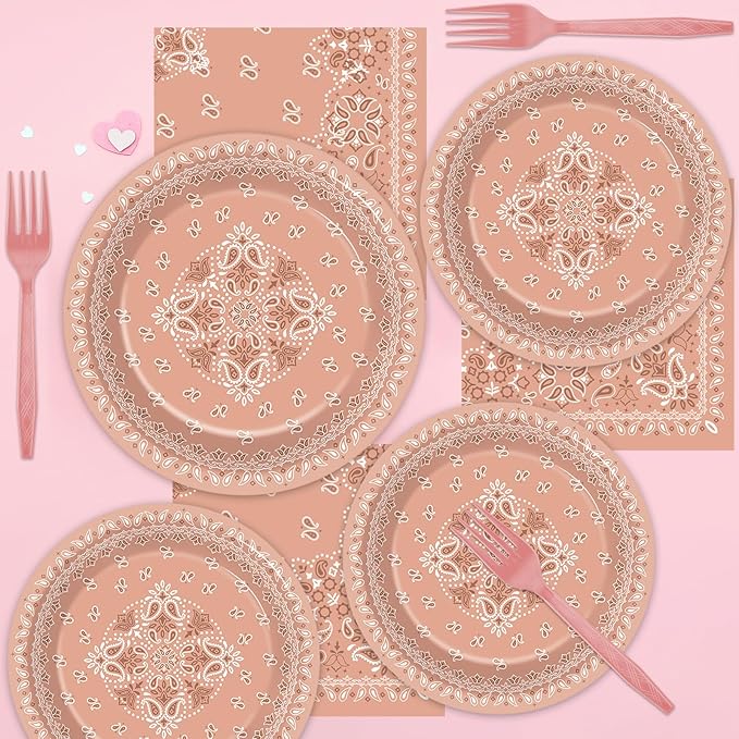 96Pcs Western Bandana Party Plates and Napkins for Pink Cowgirl Birthday Supplies Cowboy Themed Paper Dessert Plates Paisley Tableware Set for Kids Girls 24 Guests Birthday Party Decorations