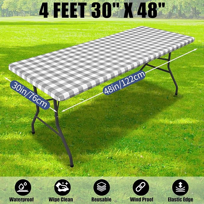 Smiry Picnic Table Cloth 6 Pack, Waterproof Elastic Fitted Tablecloths for 4FT Rectangle Tables, Washable Polyester Buffalo Plaid Tablecloth for Camping, Dining & Outdoor (Grey & White, 30" x 48")