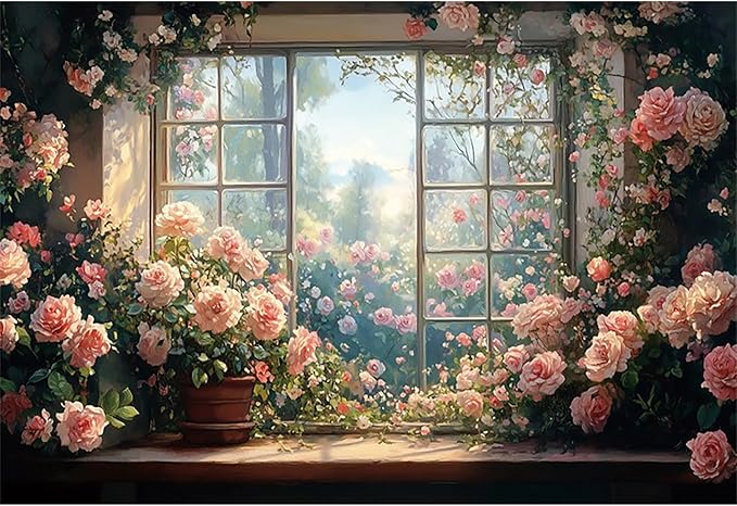 Baocicco 20x10ft Window Floral Backdrop Photography Flowers Wedding Bridal Shower Photography Background Retro Oil Painting Flower Banner for Girls Women Birthday Newborn Party Decorations Props