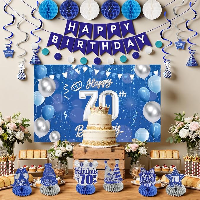 Happy 70th Birthday Party Decoration: Including Birthday Banner Backdrop, Party Table Centerpieces and Hanging Swirl Party Streamers, Birthday Decor for Men and Women (Blue, 70th Birthday)