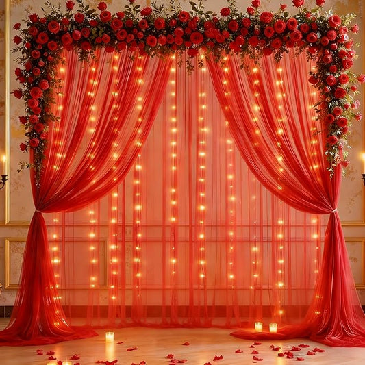 20x10ft Red Tulle Backdrop Curtain with Lights String for Parites, Sheer Photo Backdrop Curtains with Lights for Christmas Wedding Ceremony Reception Bridal Shower Baby Shower Birthday Party