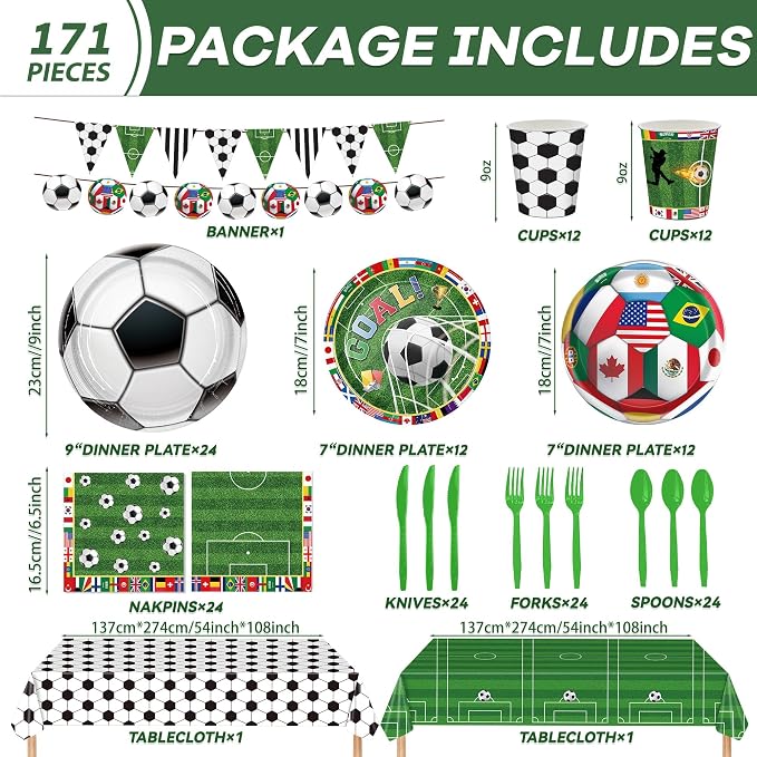 Soccer Party Supplies Decorations Kit for 24 Guests-The 23rd World Cup Design Dinnerware-Plates(9&7in) Napkins Cups Cutlery 2 Tablecloths & Soccer Pennant Flags Banner for Party, World Cup, Birthday