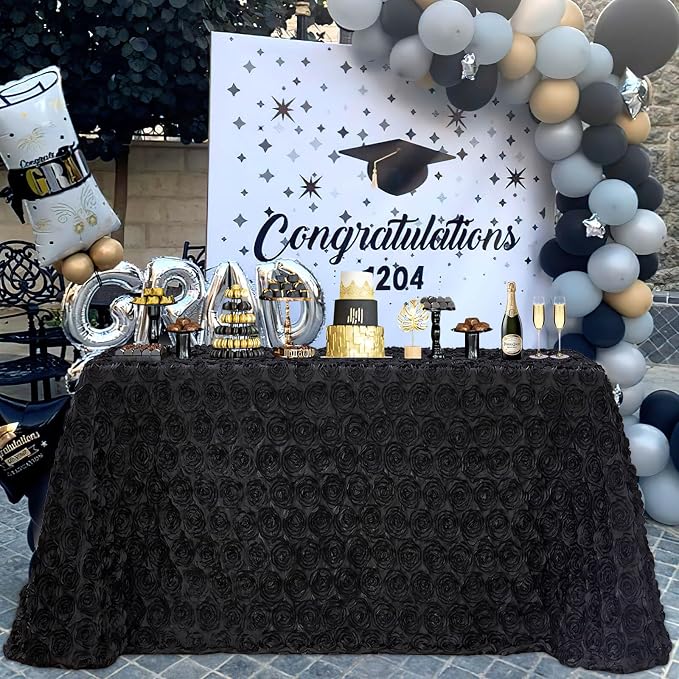 B-COOL Black Tablecloths Party Table Overlay Drape Rosette Table Cover 90 x 132 Inch Rectangle 3D Floral Satin Fabric for Wedding Party Birthday Event Decoration