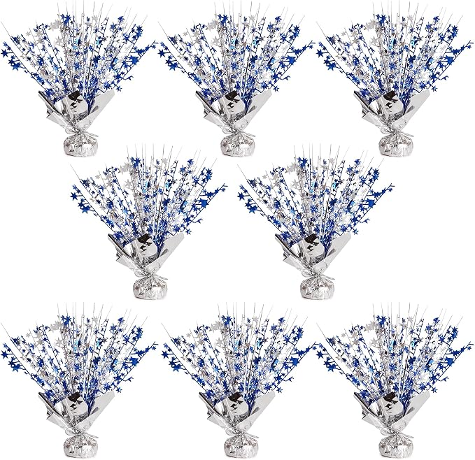 Metallic Star Spray Centerpieces 8 pack for Tables - Bulk 12.4" Foil Fountain Table Decorations for Large Events, Graduation 2026, Wedding Reception (Silver Blue Blend)